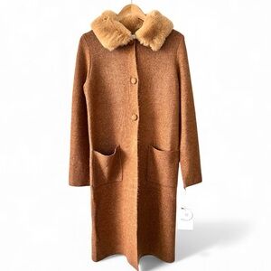 Song of Style Tan Faux Fur Trim Long Cardigan Sweater NWT Size M